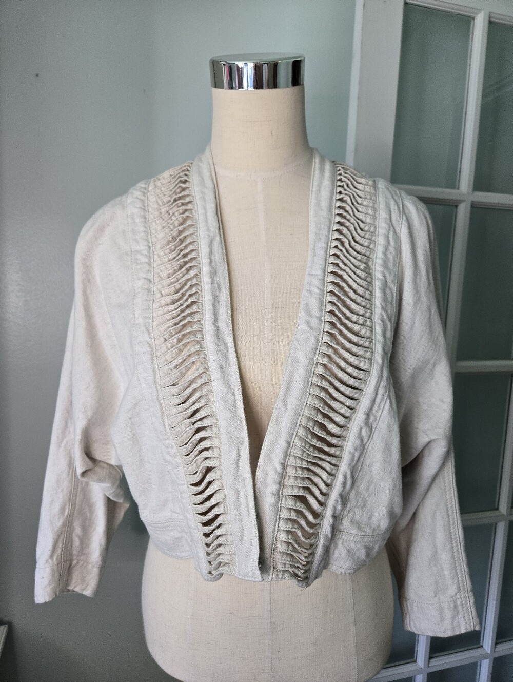 Women's Open-Front Cream Jacket with Textured Trim